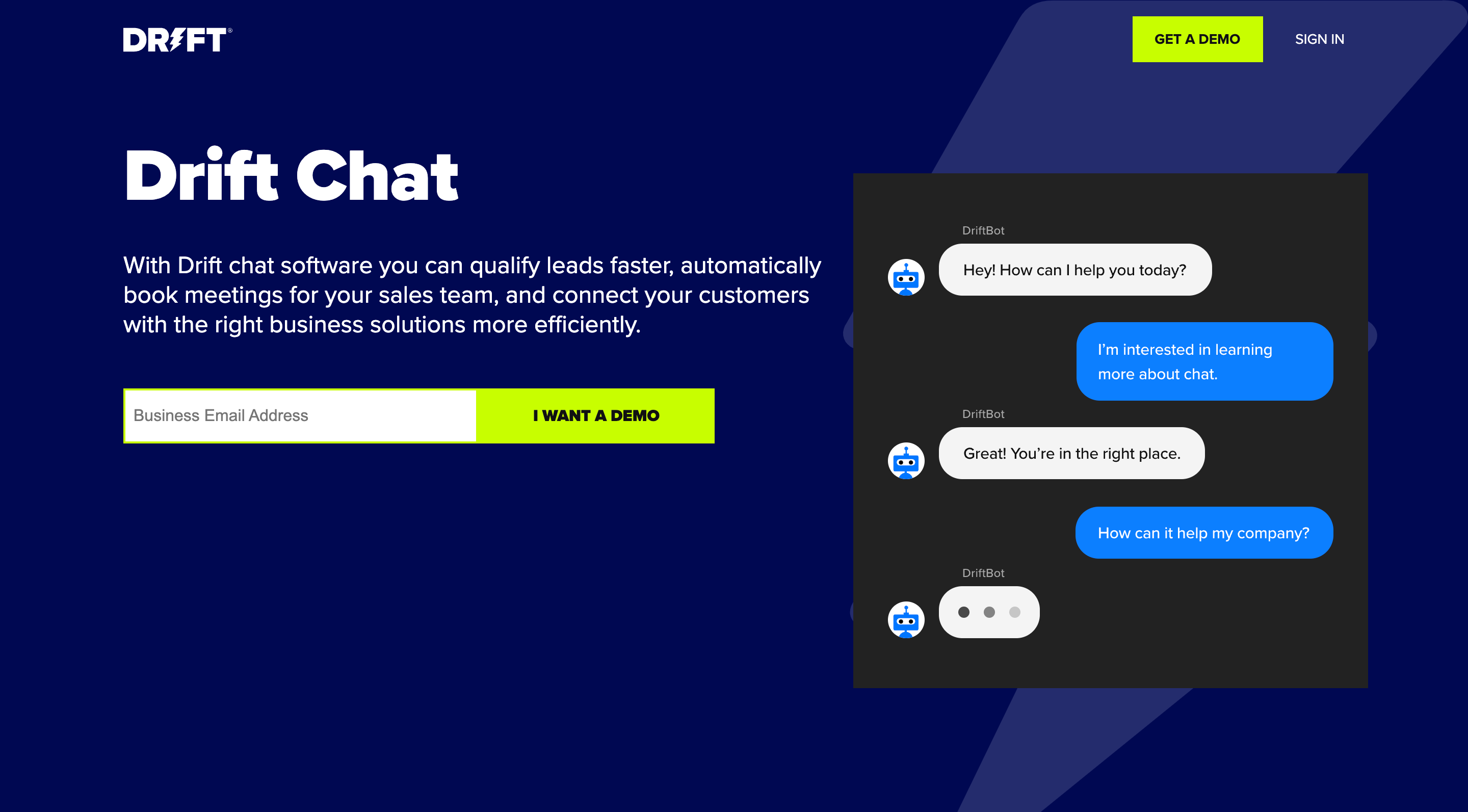 Exemplu landing page Drift - pagină de destinație comprimată