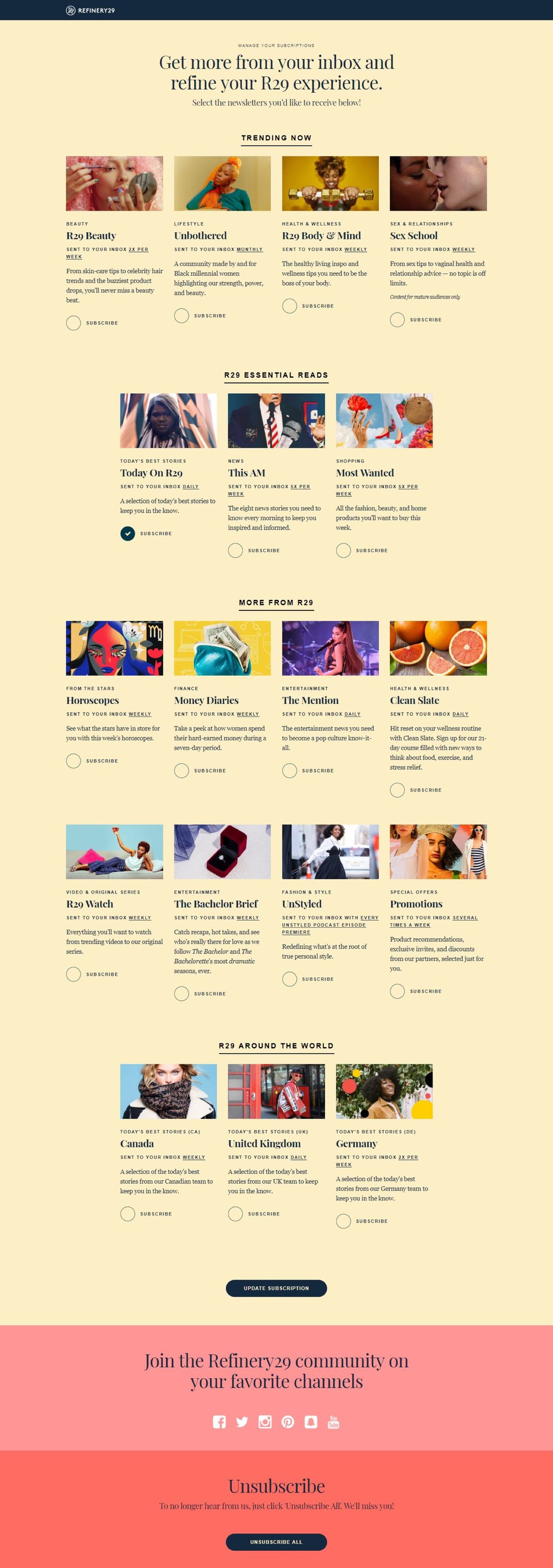 Pagina de destinație de dezabonare - refinery29