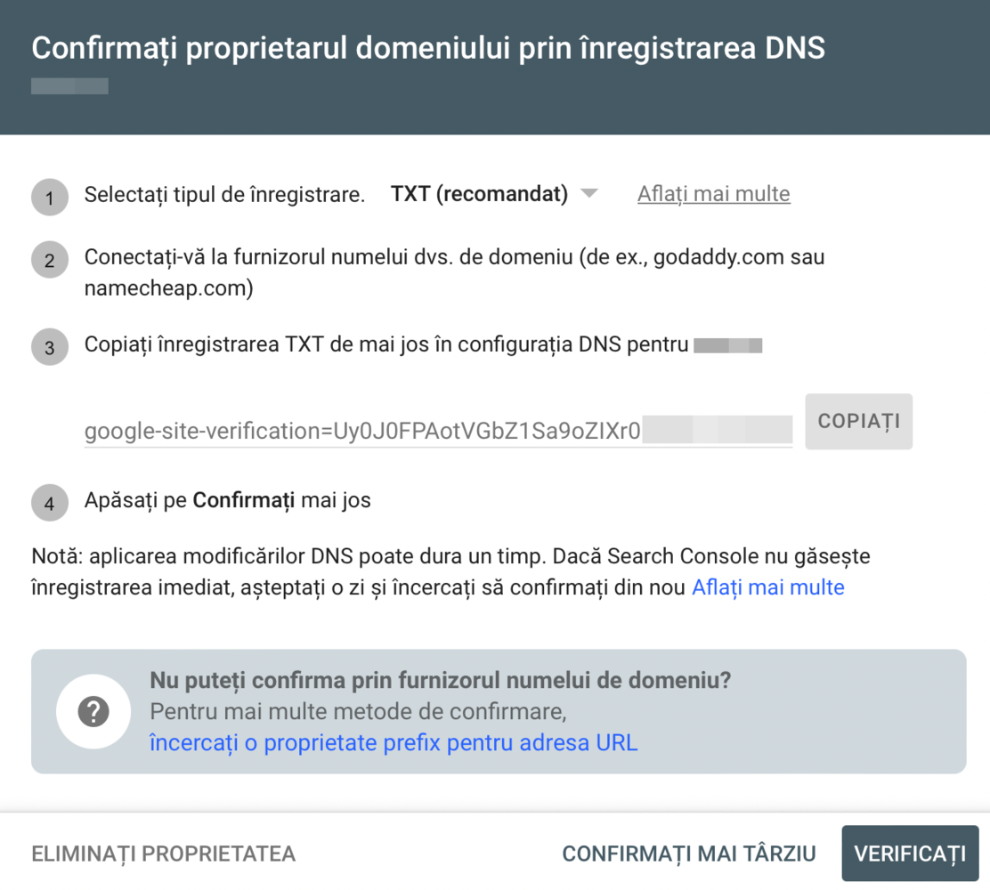 Confirmarea proprietarului domeniului prin înregistrarea DNS - Google Search Console