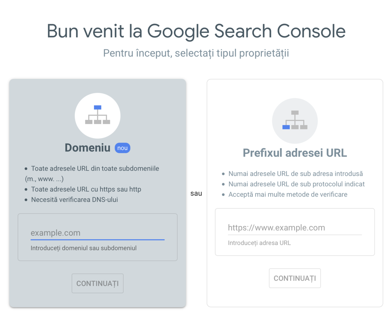 Selectează tipul proprietății - Google Search Console